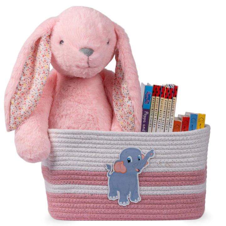 Cotton Rope 'Animal Kingdom' Small Rectangular Pink Toy Storage Basket