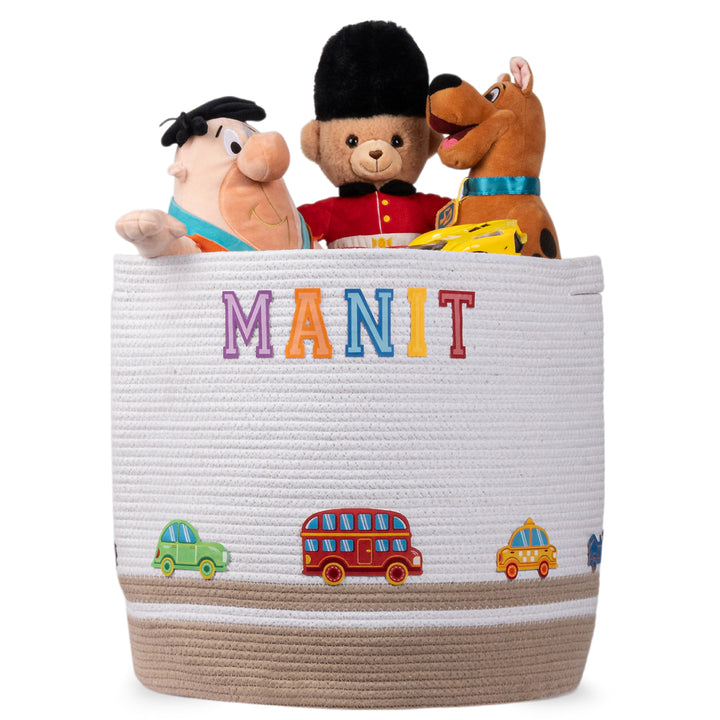 Cotton Rope 'Transport Trail' Large Round Beige Toy Storage Basket With Lid