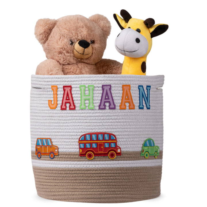 Cotton Rope 'Transport Trail' Medium Round Beige Toy Storage Basket With Lid