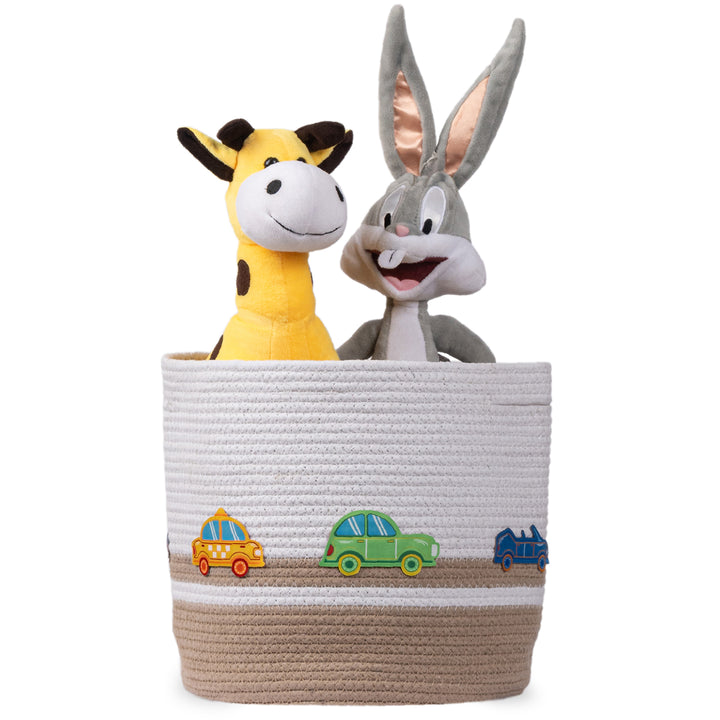 Cotton Rope 'Transport Trail' Small Round Beige Toy Storage Basket With Lid