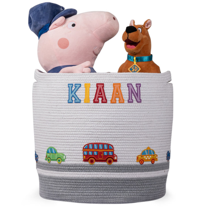 Cotton Rope 'Transport Trail' Large Round Grey Toy Storage Basket With Lid