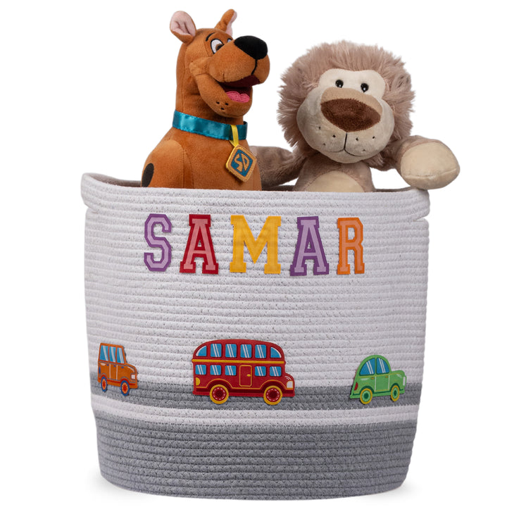 Cotton Rope 'Transport Trail' Medium Round Grey Toy Storage Basket With Lid
