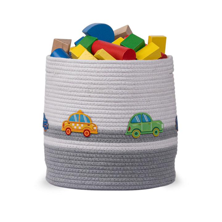 Cotton Rope 'Transport Trail' Small Round Grey Toy Storage Basket With Lid