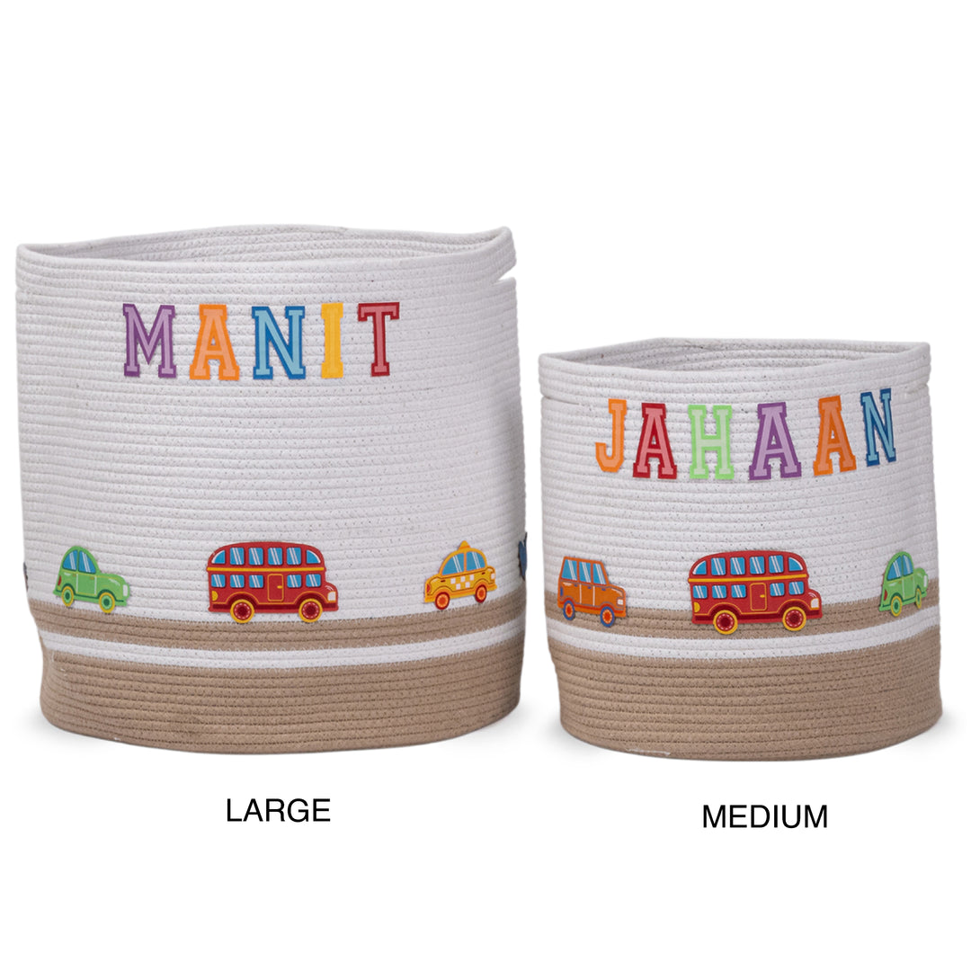 Cotton Rope 'Transport Trail' Small Round Beige Toy Storage Basket With Lid