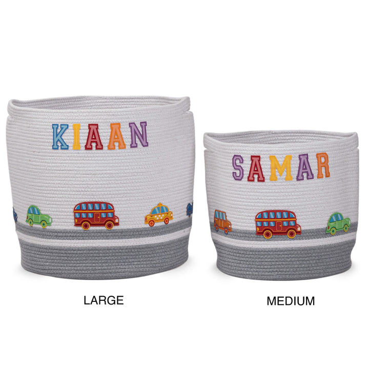 Cotton Rope 'Transport Trail' Medium Round Grey Toy Storage Basket With Lid