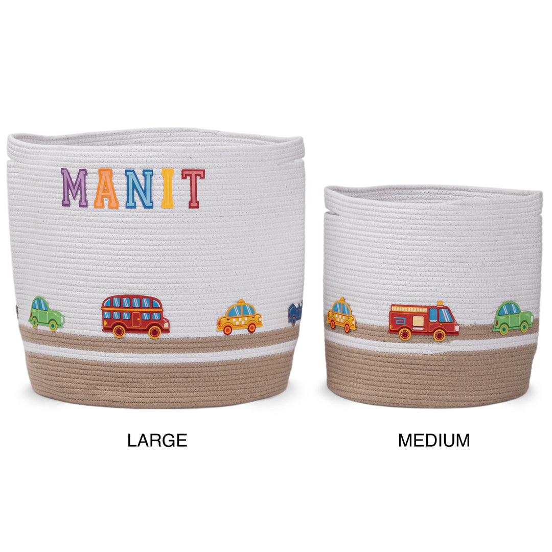 Cotton Rope 'Transport Trail' Small Round Beige Toy Storage Basket With Lid