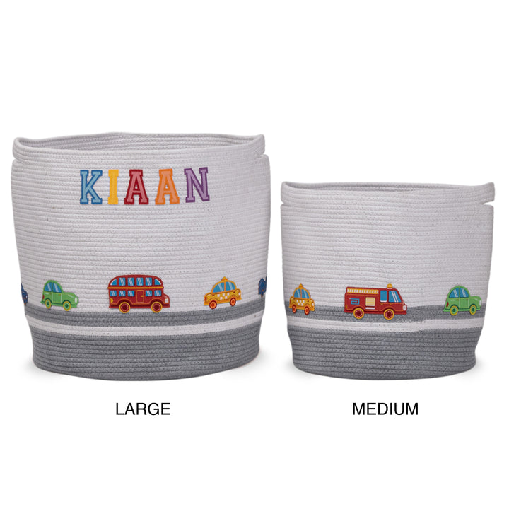 Cotton Rope 'Transport Trail' Medium Round Grey Toy Storage Basket With Lid