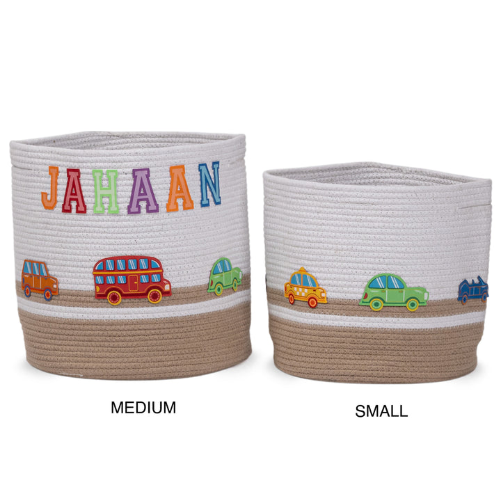 Cotton Rope 'Transport Trail' Small Round Beige Toy Storage Basket With Lid
