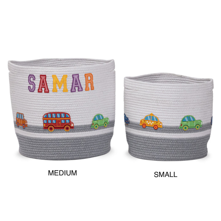 Cotton Rope 'Transport Trail' Medium Round Grey Toy Storage Basket With Lid