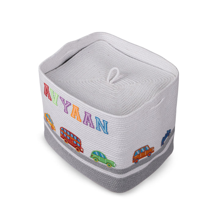 Cotton Rope 'Transport Trail' Large Rectangular Grey Toy Storage Basket With Lid
