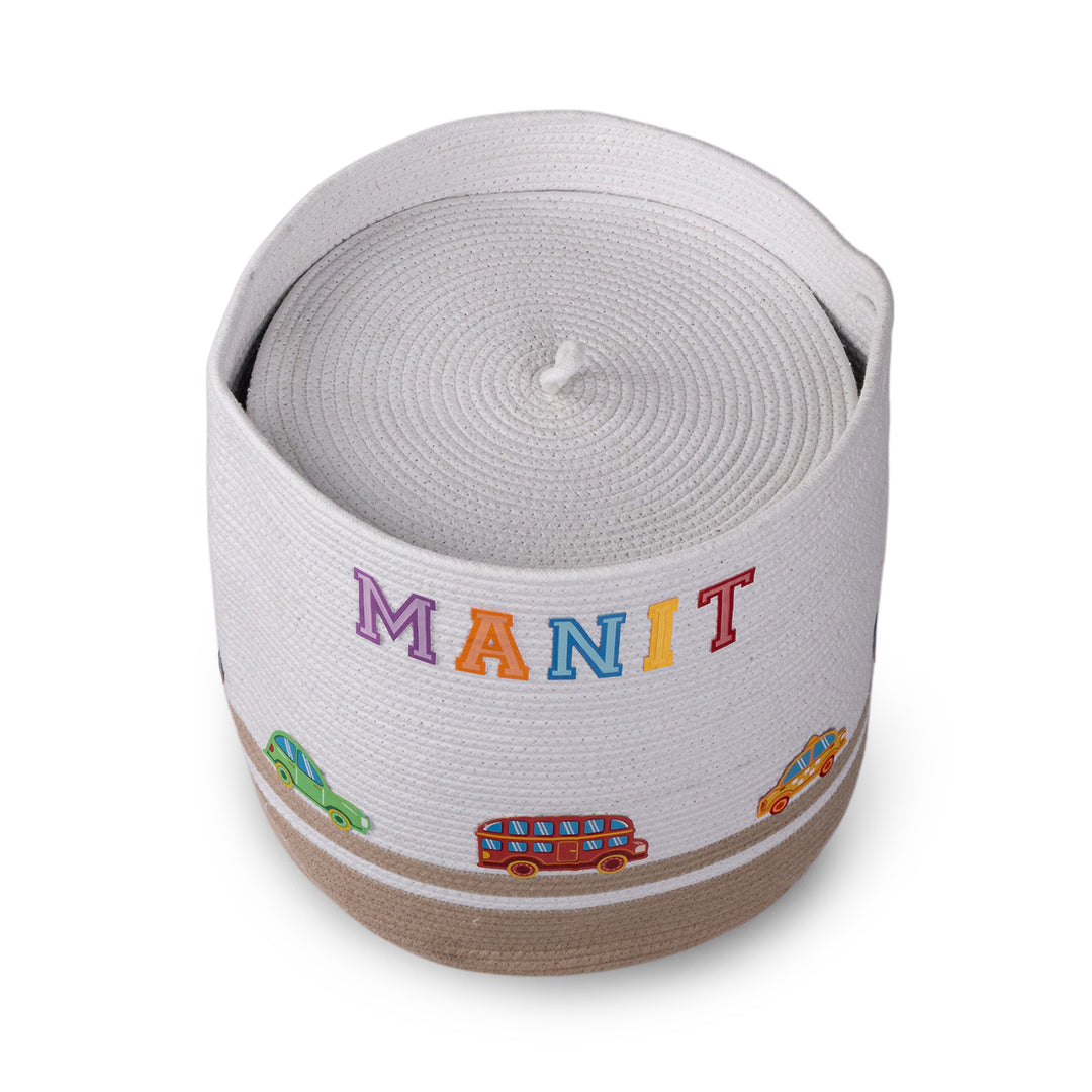 Cotton Rope 'Transport Trail' Large Round Beige Toy Storage Basket With Lid