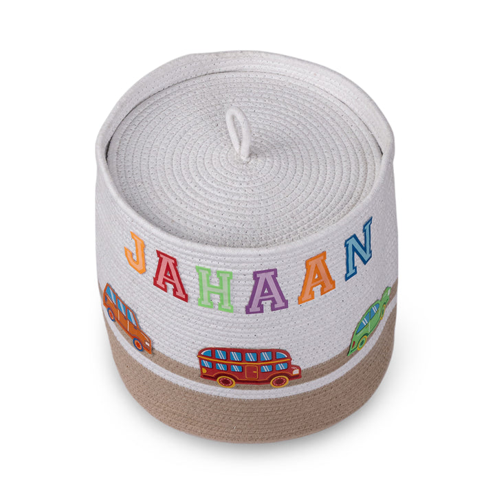 Cotton Rope 'Transport Trail' Medium Round Beige Toy Storage Basket With Lid