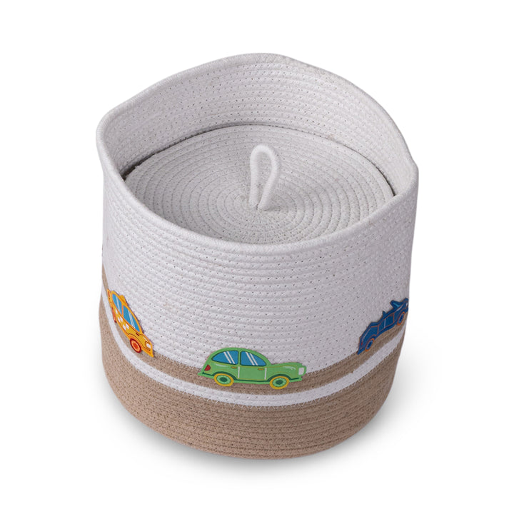 Cotton Rope 'Transport Trail' Small Round Beige Toy Storage Basket With Lid