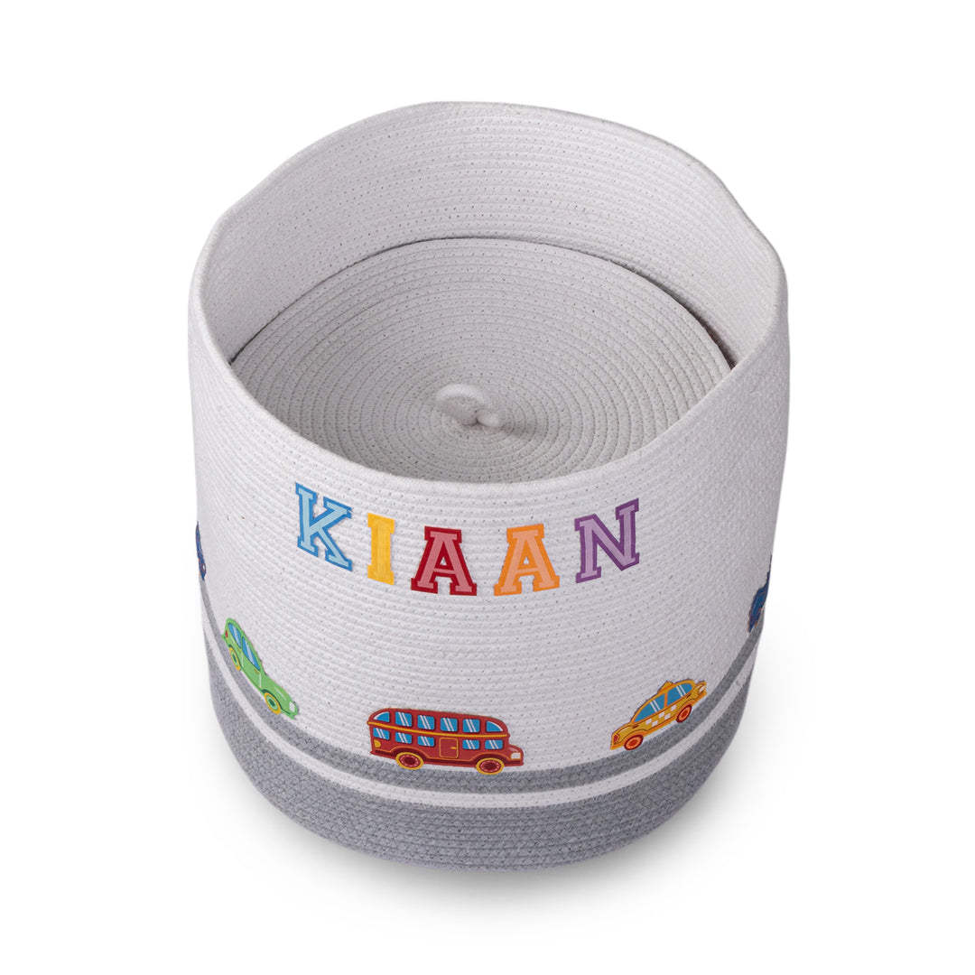 Cotton Rope 'Transport Trail' Large Round Grey Toy Storage Basket With Lid