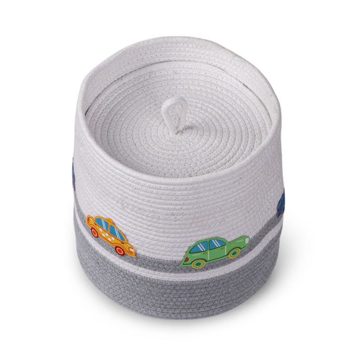 Cotton Rope 'Transport Trail' Small Round Grey Toy Storage Basket With Lid