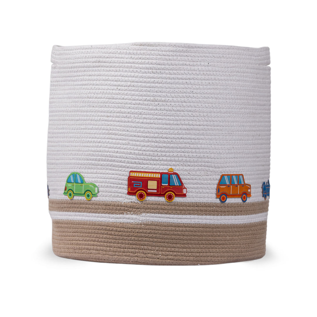 Cotton Rope 'Transport Trail' Large Round Beige Toy Storage Basket With Lid