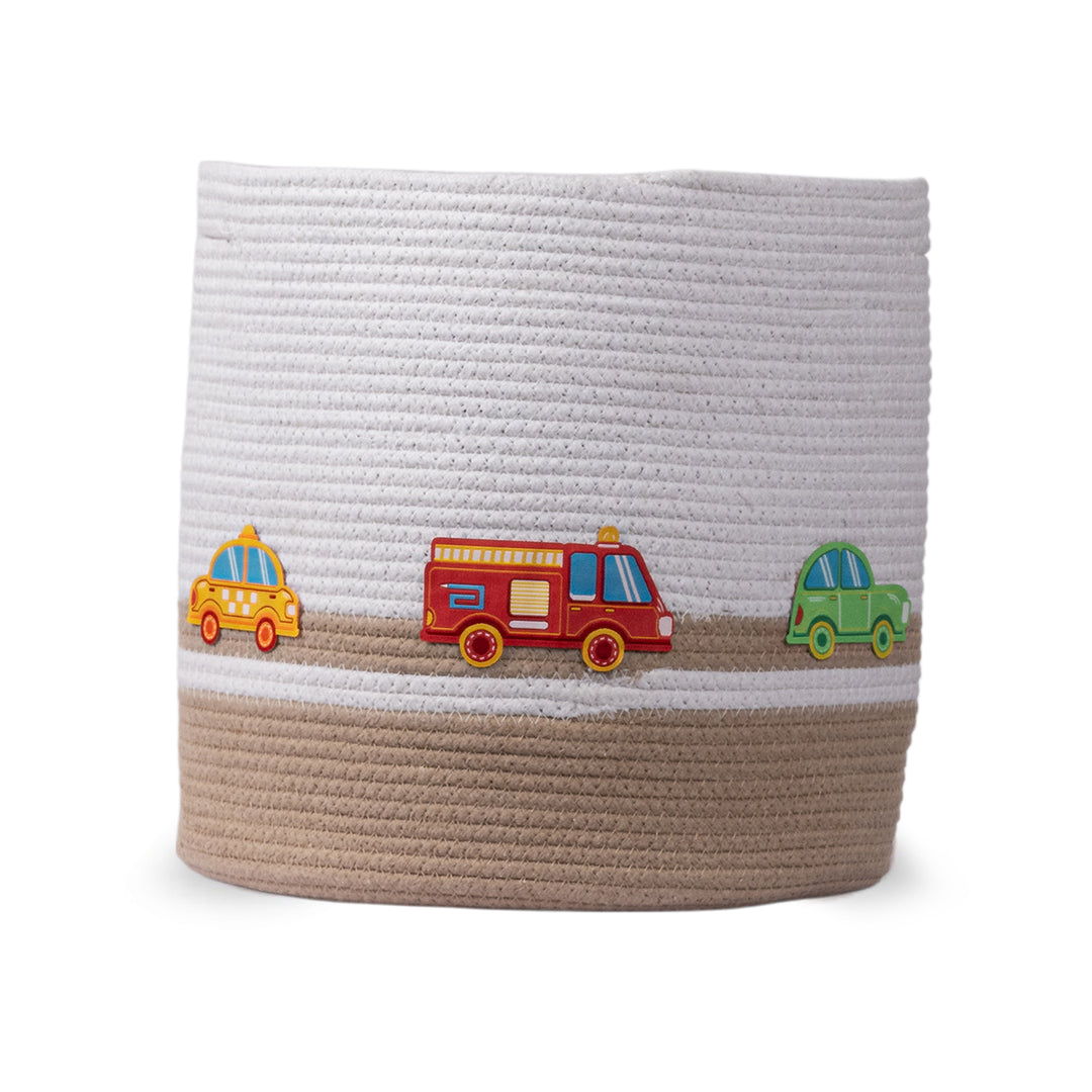 Cotton Rope 'Transport Trail' Medium Round Beige Toy Storage Basket With Lid