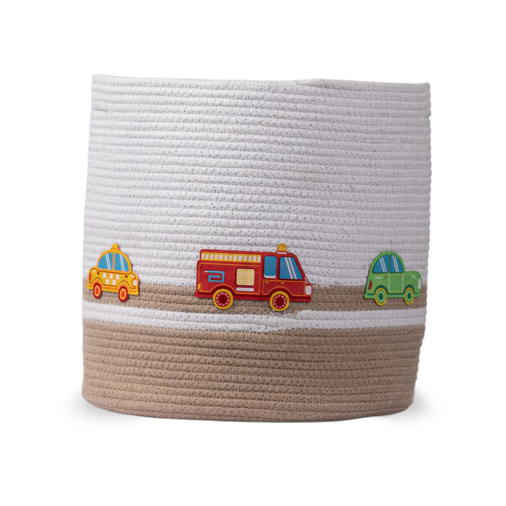 Cotton Rope 'Transport Trail' Medium Round Beige Toy Storage Basket With Lid