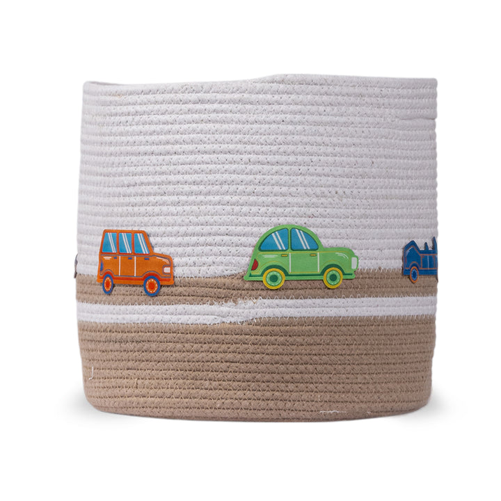Cotton Rope 'Transport Trail' Small Round Beige Toy Storage Basket With Lid