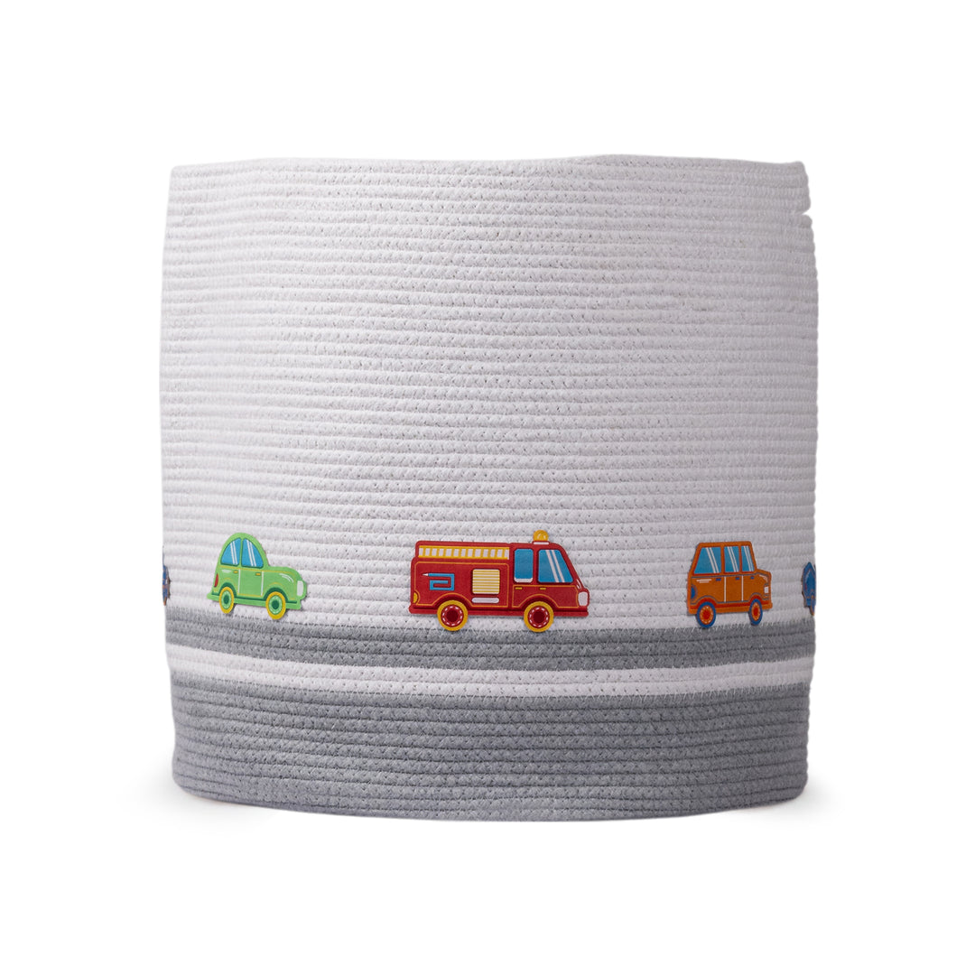 Cotton Rope 'Transport Trail' Large Round Grey Toy Storage Basket With Lid