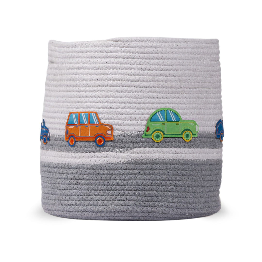 Cotton Rope 'Transport Trail' Small Round Grey Toy Storage Basket With Lid