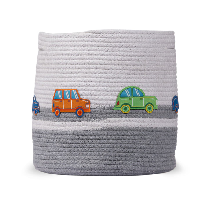Cotton Rope 'Transport Trail' Small Round Grey Toy Storage Basket With Lid