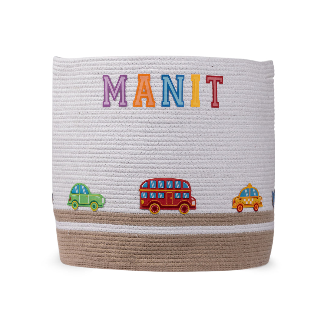 Cotton Rope 'Transport Trail' Large Round Beige Toy Storage Basket With Lid