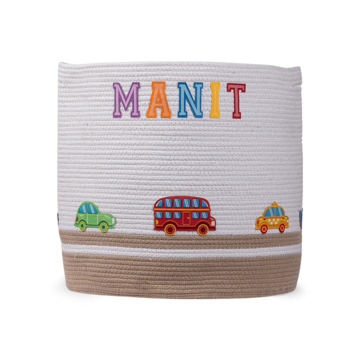 Cotton Rope 'Transport Trail' Large Round Beige Toy Storage Basket With Lid
