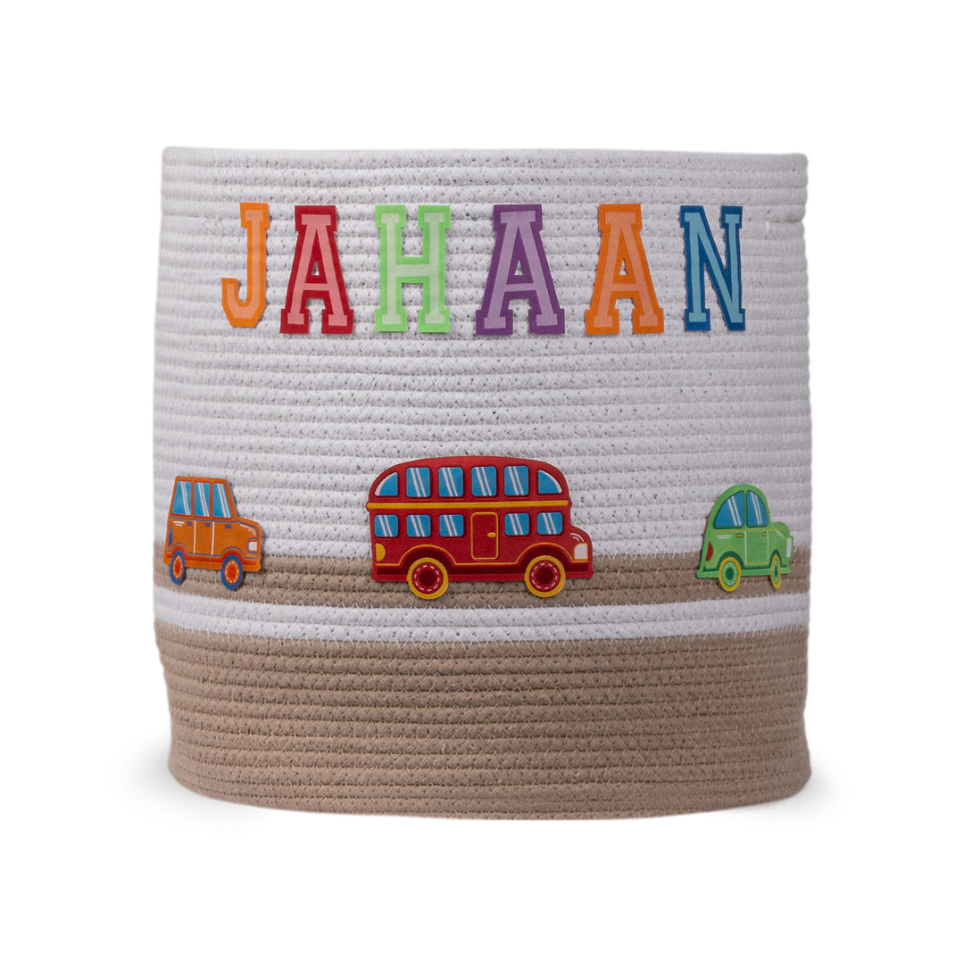 Cotton Rope 'Transport Trail' Medium Round Beige Toy Storage Basket With Lid