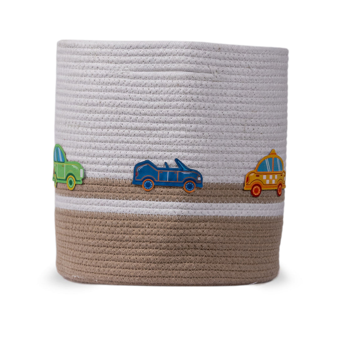 Cotton Rope 'Transport Trail' Small Round Beige Toy Storage Basket With Lid