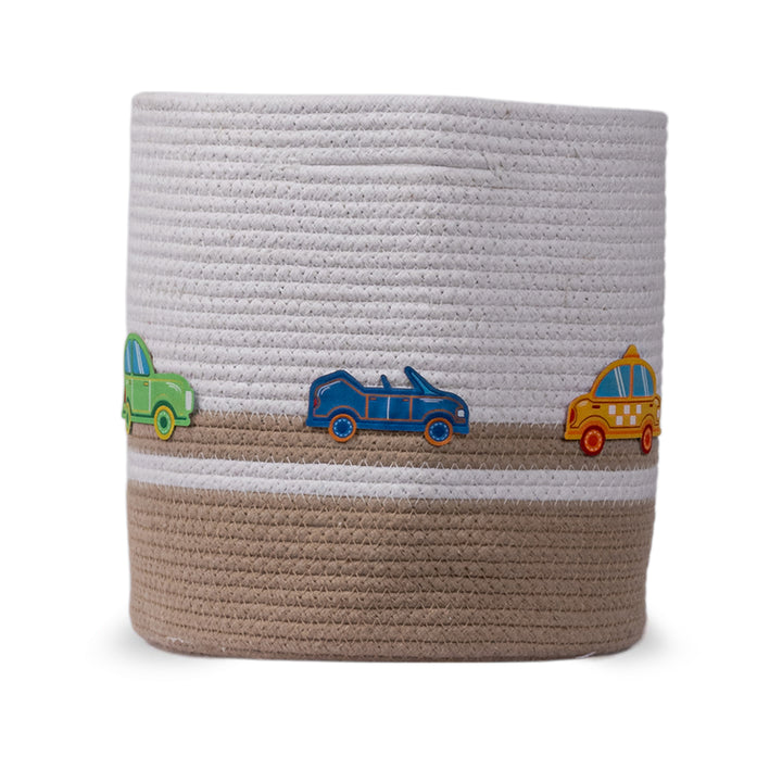 Cotton Rope 'Transport Trail' Small Round Beige Toy Storage Basket With Lid