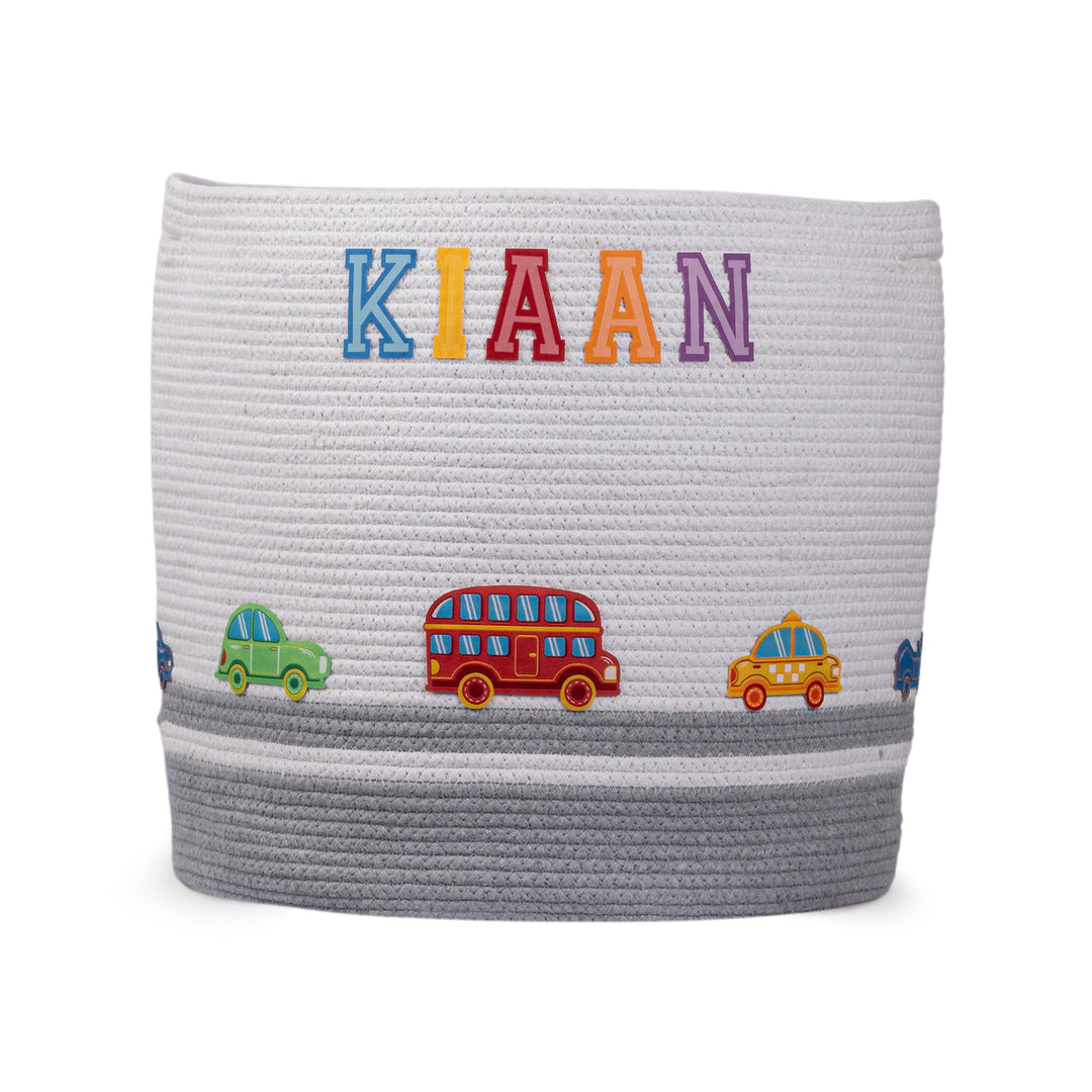 Cotton Rope 'Transport Trail' Large Round Grey Toy Storage Basket With Lid