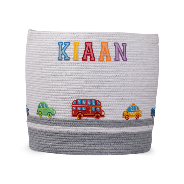 Cotton Rope 'Transport Trail' Large Round Grey Toy Storage Basket With Lid