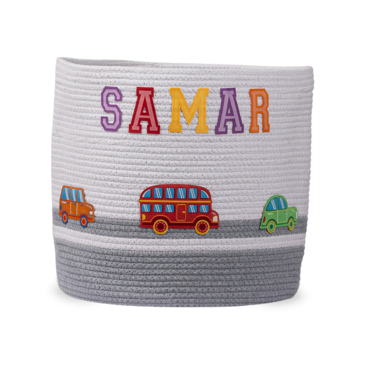 Cotton Rope 'Transport Trail' Medium Round Grey Toy Storage Basket With Lid