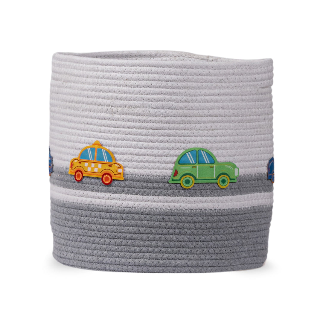 Cotton Rope 'Transport Trail' Small Round Grey Toy Storage Basket With Lid