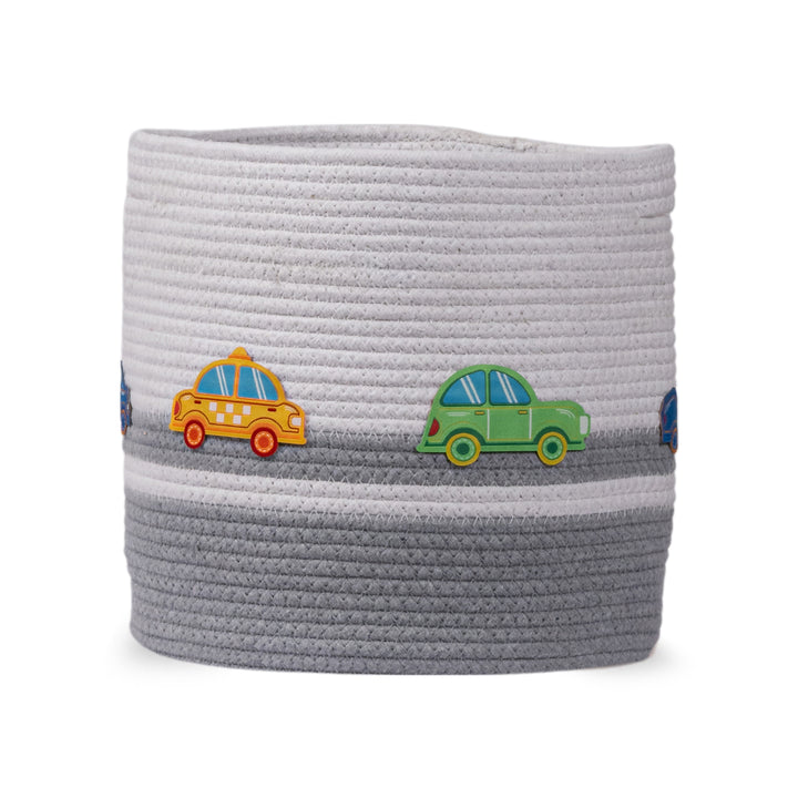 Cotton Rope 'Transport Trail' Small Round Grey Toy Storage Basket With Lid