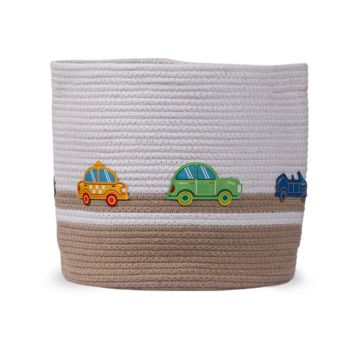 Cotton Rope 'Transport Trail' Small Round Beige Toy Storage Basket With Lid
