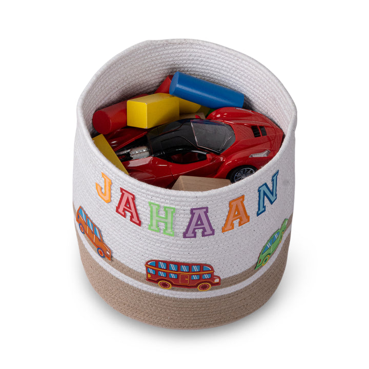 Cotton Rope 'Transport Trail' Medium Round Beige Toy Storage Basket With Lid