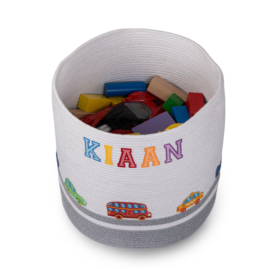 Cotton Rope 'Transport Trail' Large Round Grey Toy Storage Basket With Lid