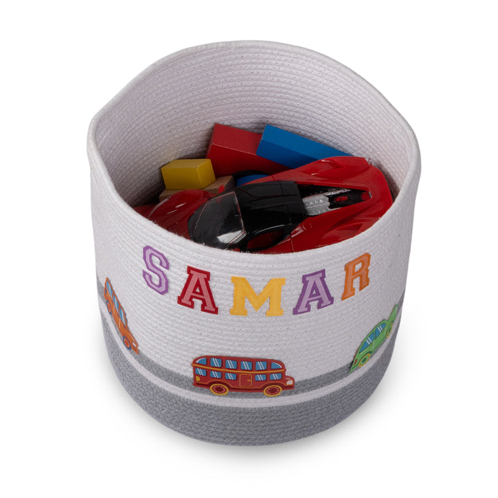 Cotton Rope 'Transport Trail' Medium Round Grey Toy Storage Basket With Lid