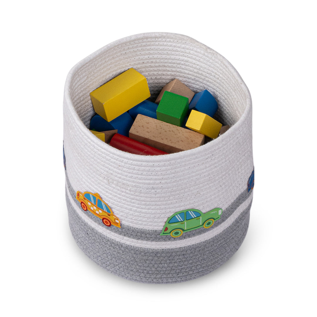 Cotton Rope 'Transport Trail' Small Round Grey Toy Storage Basket With Lid