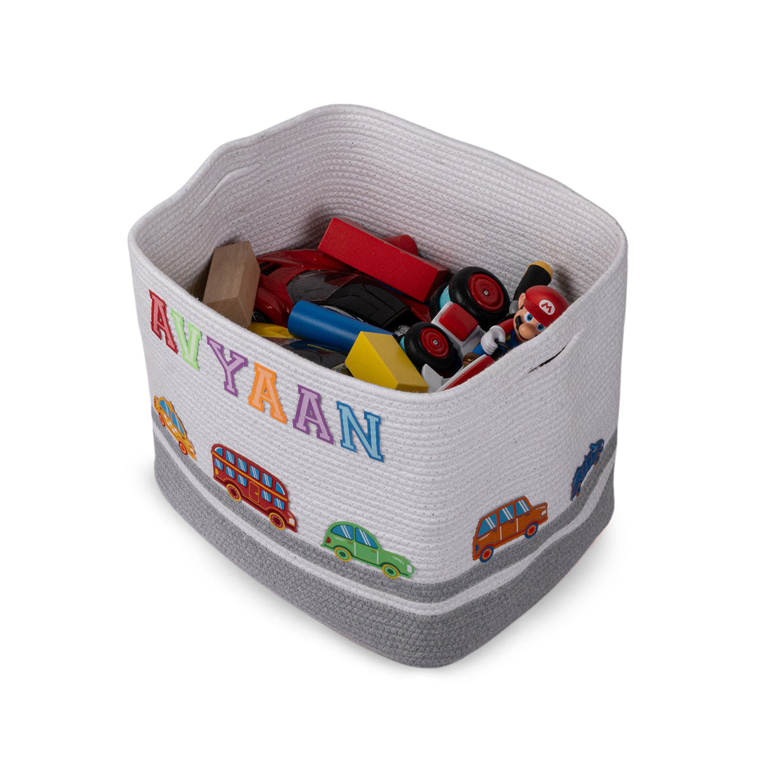 Cotton Rope 'Transport Trail' Large Rectangular Grey Toy Storage Basket With Lid