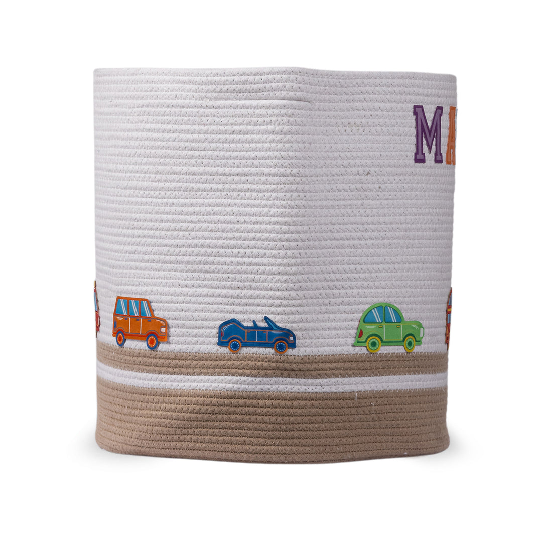 Cotton Rope 'Transport Trail' Large Round Beige Toy Storage Basket With Lid