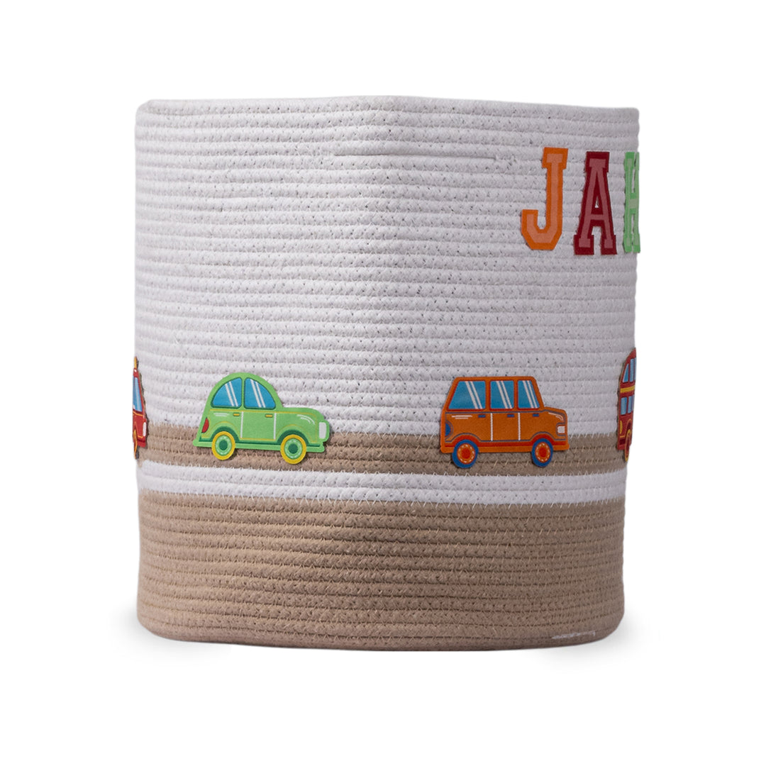 Cotton Rope 'Transport Trail' Medium Round Beige Toy Storage Basket With Lid