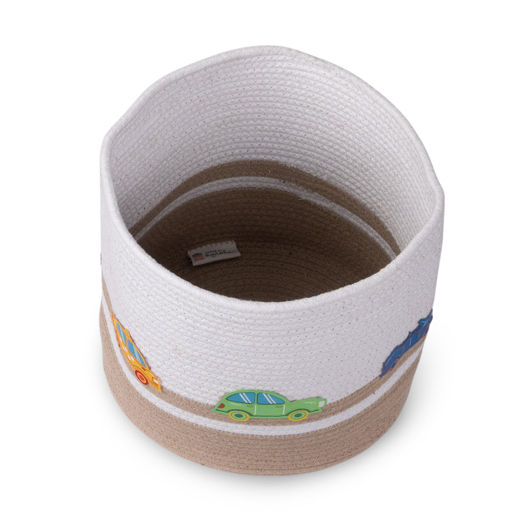 Cotton Rope 'Transport Trail' Small Round Beige Toy Storage Basket With Lid