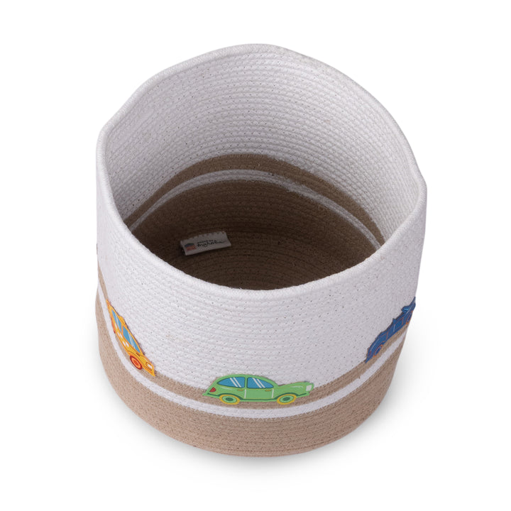 Cotton Rope 'Transport Trail' Small Round Beige Toy Storage Basket With Lid
