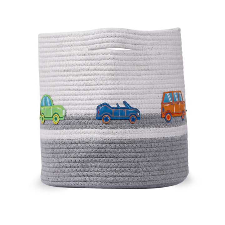 Cotton Rope 'Transport Trail' Small Round Grey Toy Storage Basket With Lid