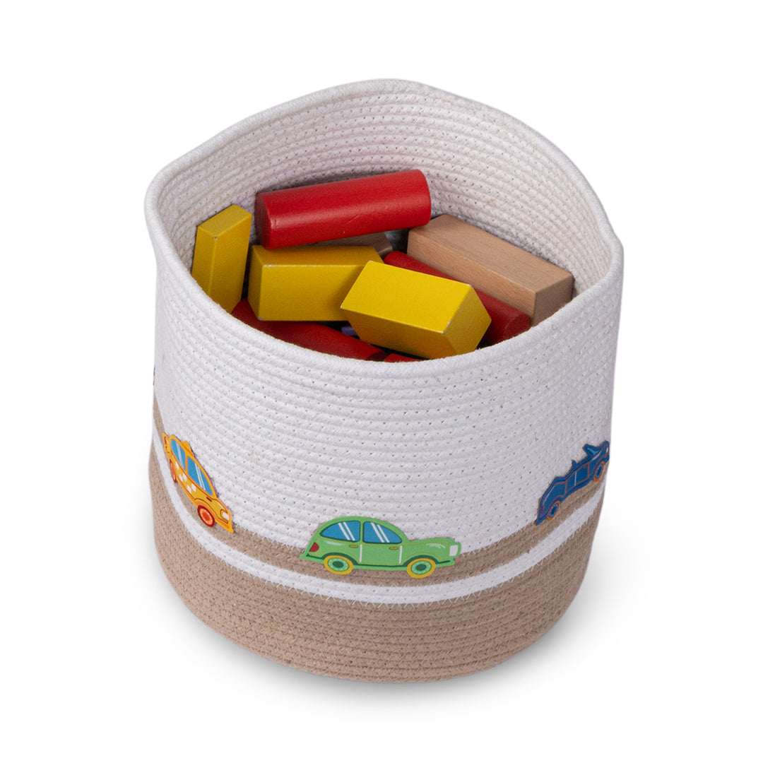 Cotton Rope 'Transport Trail' Small Round Beige Toy Storage Basket With Lid