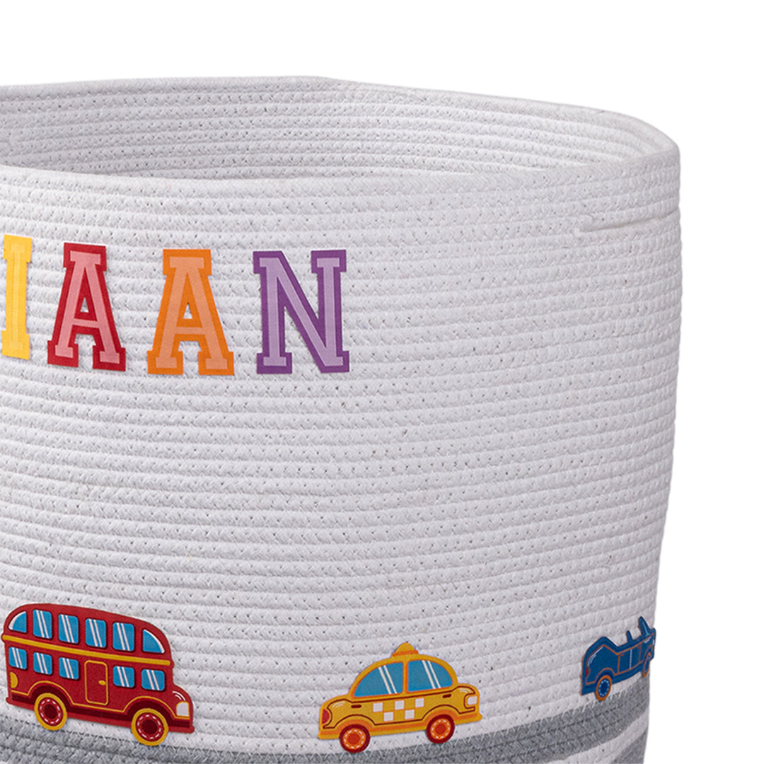 Cotton Rope 'Transport Trail' Large Round Grey Toy Storage Basket With Lid
