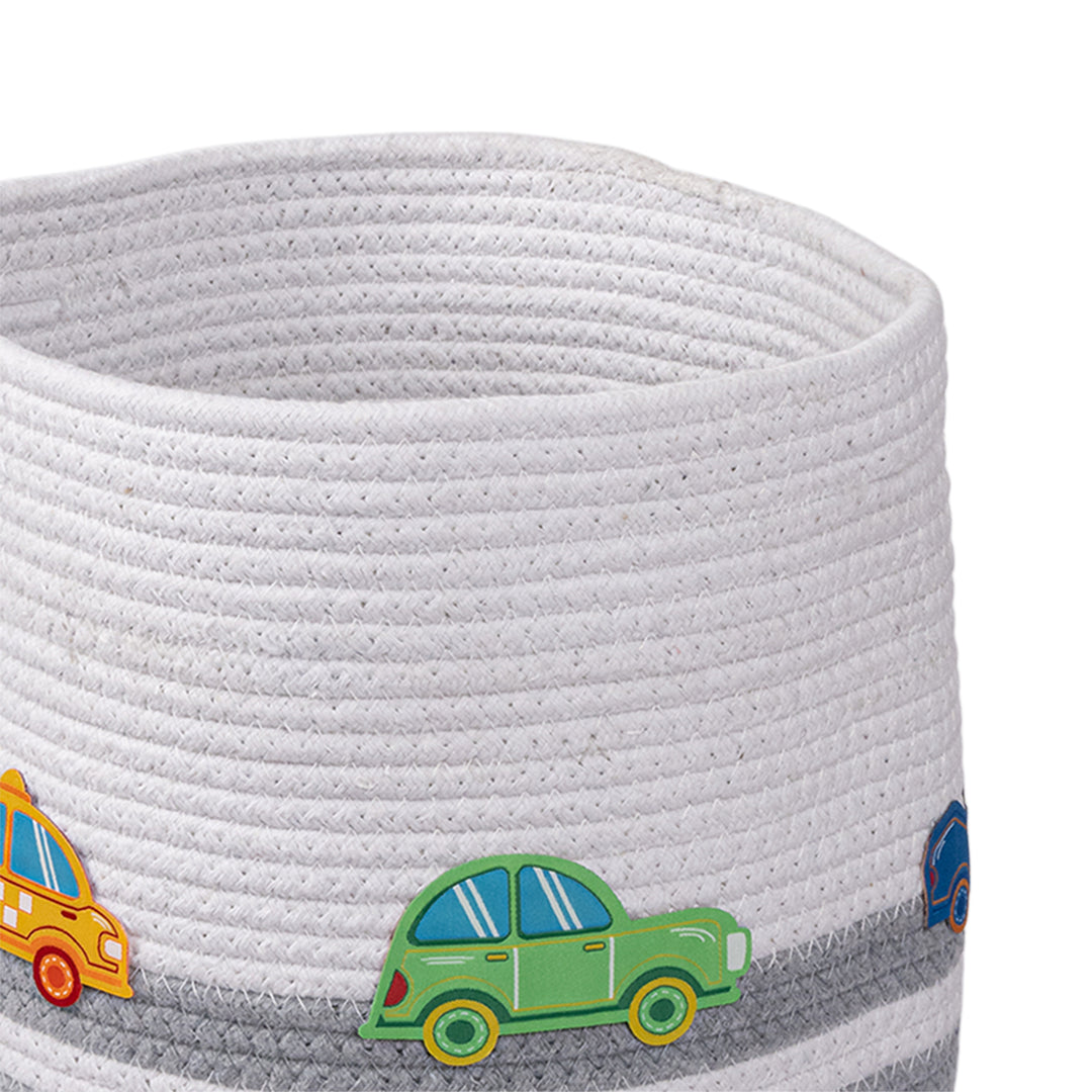 Cotton Rope 'Transport Trail' Small Round Grey Toy Storage Basket With Lid